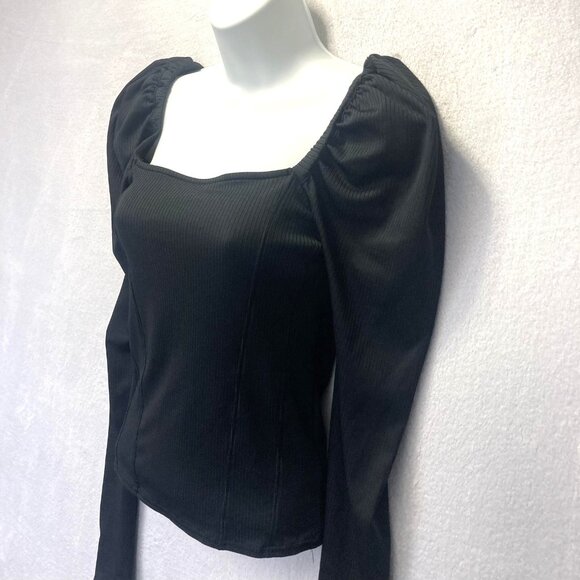 Free People Puff Shoulder Square Neck Shirt Womens Medium M Black Ribbed Stretch - Picture 3 of 13
